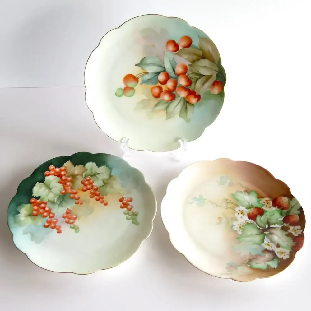 Antique Austrian Porcelain Plates Set 3 Vienna Austria Mark Hand Painted Berries